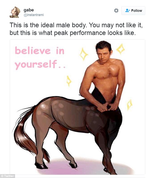 Gabe shared an image of a topless Jeff Goldblum photoshopped as a centaur, with the caption: 