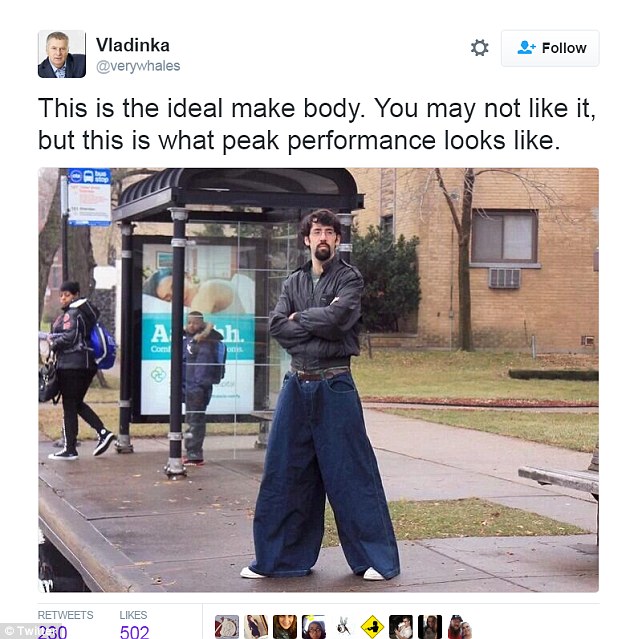 Vladinka shared an image of a man wearing mind-bogglingly wide-legged jeans which give the appearance of thick legs